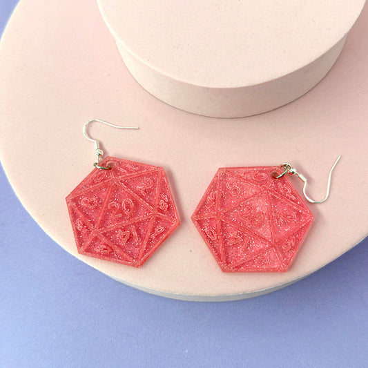 D20 Pink Glitter Earrings