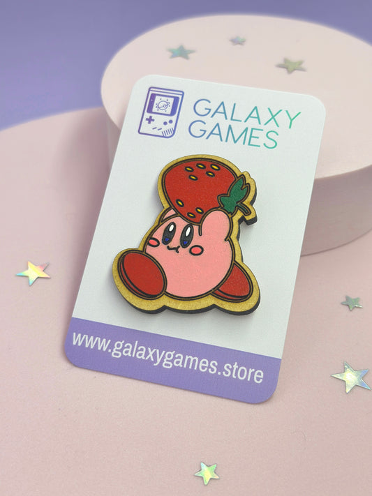 Wooden Kirby Strawberry Pin Badge